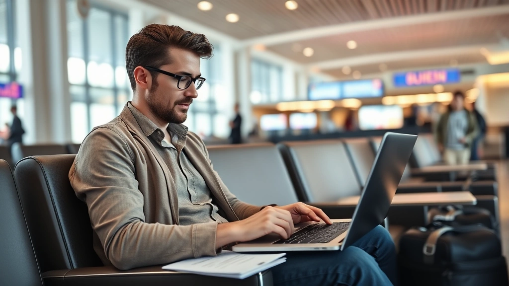 Passenger checking flight prices on laptop in modern airport lounge with boarding passes and travel documents visible nearby, professional photography