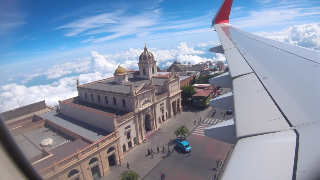 Oaxaca colonial architecture and colorful street market visible through airplane window during descent, vibrant natural lighting, aerial perspective