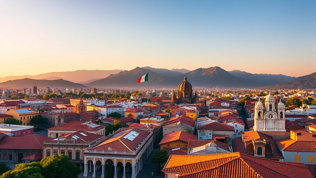 Aerial view of Oaxaca City's colorful colonial architecture with mountains in background, Mexican flag visible, golden hour lighting, vibrant terracotta rooftops