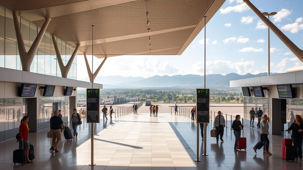 Xoxocotlán International Airport terminal exterior with modern architecture, departure boards visible, travelers with luggage, Mexican landscape in distance
