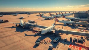 Aerial view of Atlanta's Hartsfield-Jackson International Airport with multiple aircraft parked at gates, morning sunlight, bustling tarmac with ground vehicles and catering trucks, photorealistic