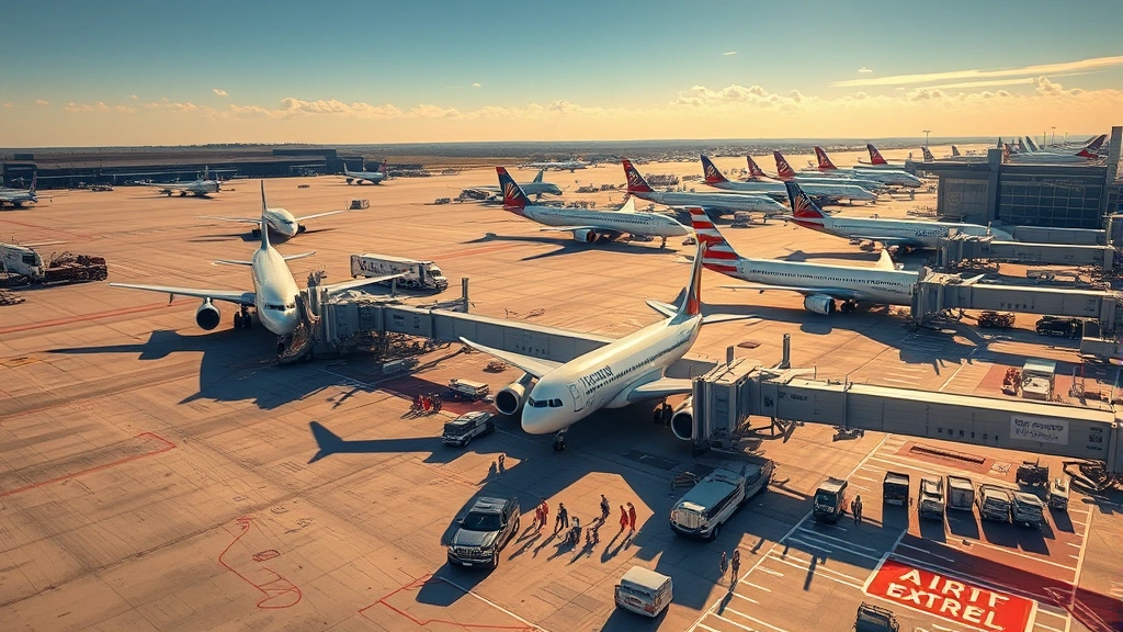 Aerial view of Atlanta's Hartsfield-Jackson International Airport with multiple aircraft parked at gates, morning sunlight, bustling tarmac with ground vehicles and catering trucks, photorealistic