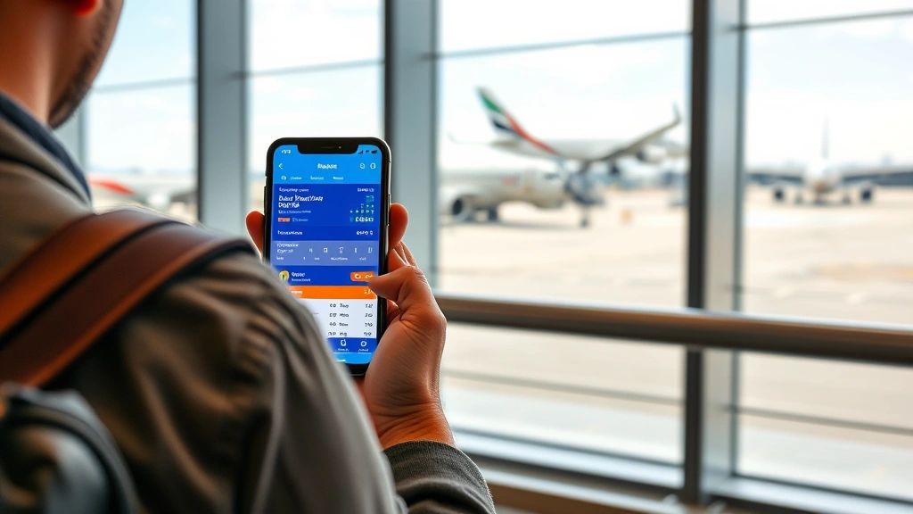Traveler at airport gate holding phone showing flight booking website with price alerts and calendar interface, airport window showing aircraft taking off, casual airport clothing, photorealistic