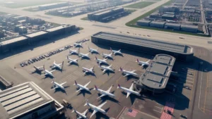 Aerial view of Boston Logan International Airport with aircraft queued at gates, morning sunlight, modern terminal buildings, bustling runway activity