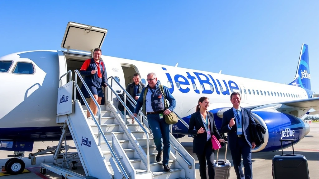 Passengers boarding a commercial aircraft at gate, blue and white livery JetBlue plane, modern jet bridge, smiling travelers with luggage, professional cabin crew