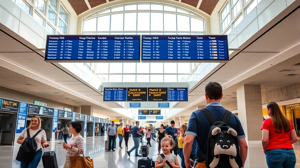 Orlando International Airport terminal interior with travelers checking departure boards, modern architecture, natural light, happy families heading to theme parks