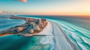 Aerial view of Panama City Beach with turquoise waters, white sand, and beachfront hotels at sunset, photorealistic travel photography