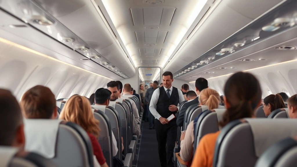 Modern airplane cabin interior with passengers boarding and flight attendants, realistic commercial aircraft setting