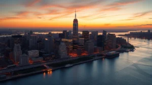 Aerial view of New York City skyline with Hudson River at sunset, showing Manhattan skyscrapers and bright city lights reflecting on water, photorealistic travel photography