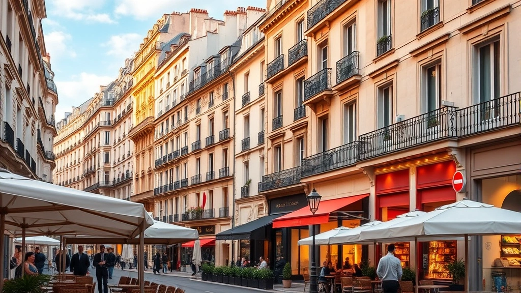 Elegant Parisian street scene with classic Haussmann buildings, sidewalk café with white umbrellas, warm golden hour lighting, European architecture and atmosphere