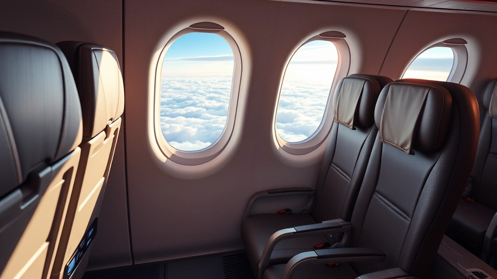 Modern airplane cabin interior during flight, window seat view of clouds and sky at altitude, comfortable seating, realistic airline cabin ambiance with natural lighting