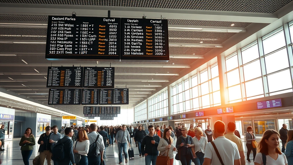 Busy airport terminal interior with travelers walking through concourse, departure boards glowing above, natural light from windows, realistic travel scene