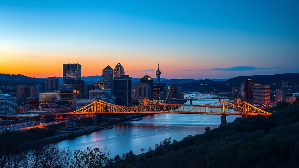 Pittsburgh skyline at dusk with illuminated bridges spanning river valley, golden hour lighting, scenic downtown landscape without text