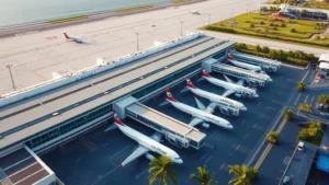Aerial view of Cancún International Airport terminal buildings with planes parked at gates, modern architecture, tropical setting with palm trees visible, daytime photography