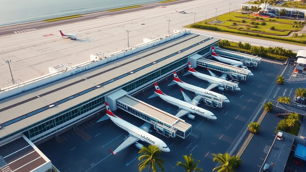 Aerial view of Cancún International Airport terminal buildings with planes parked at gates, modern architecture, tropical setting with palm trees visible, daytime photography
