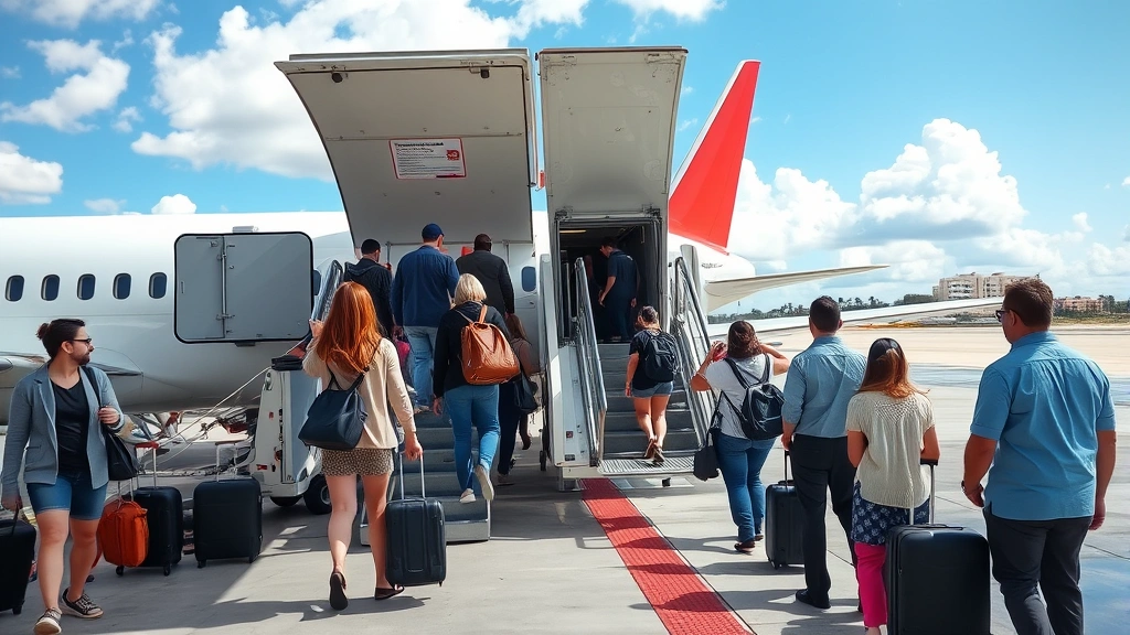 Passengers boarding a commercial aircraft at Cancún airport, modern jet bridge, tropical airport environment, diverse travelers with luggage, professional airline staff, authentic travel scene