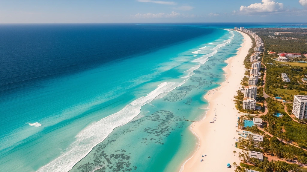 Turquoise Caribbean ocean meeting white sand beach near Playa Del Carmen resort area, aerial coastal view, luxury resort buildings along shoreline, crystal clear water, tropical paradise landscape