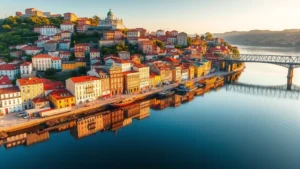 Aerial view of Porto's Douro River with historic Ribeira district colorful buildings reflecting in water, sunny golden hour lighting, traditional Portuguese architecture visible, no visible text or signs