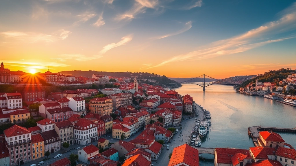 Aerial view of Porto's colorful Ribeira district along the Douro River at sunset, with traditional red-tiled buildings cascading down to the waterfront and Dom Luis Bridge visible in the background