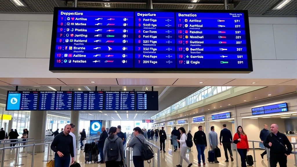 Porto Airport departure board displaying flight information with airline logos and destinations, modern terminal architecture with travelers checking in and moving through the space