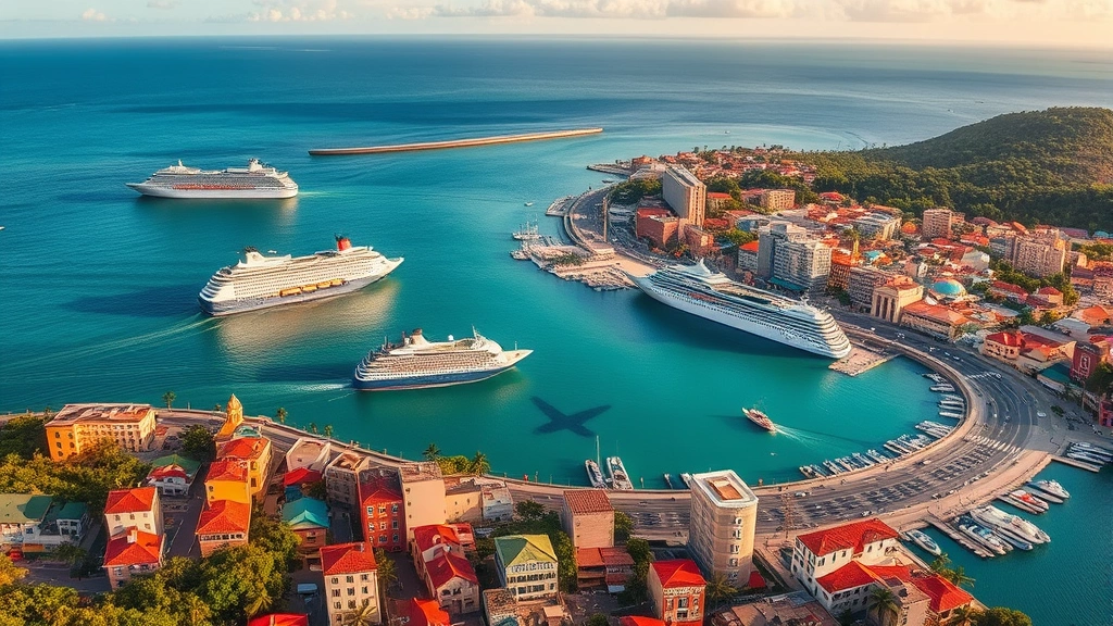 Aerial view of San Juan Puerto Rico coastline with turquoise Caribbean waters, colorful colonial buildings, and cruise ships in harbor, golden hour lighting, photorealistic