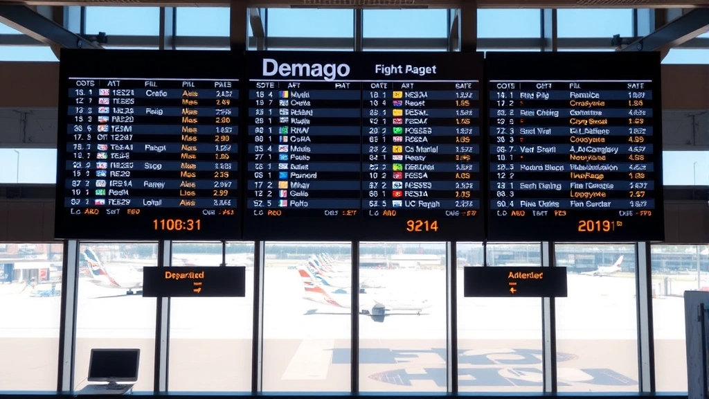 Chicago O'Hare airport departure board showing flight information with jets on tarmac in background, modern terminal interior, natural daylight, professional photography style