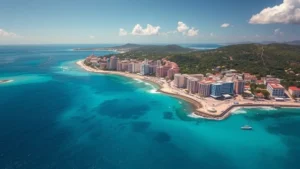 Aerial view of San Juan coastline with colorful buildings and turquoise Caribbean waters, bright sunny day, photorealistic travel photography
