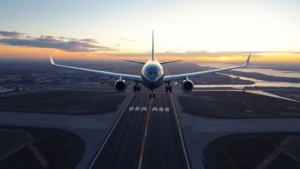 Aerial view of modern commercial aircraft ascending from Quebec City airport runway at sunrise with St. Lawrence River visible below