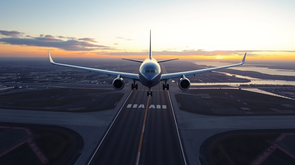 Aerial view of modern commercial aircraft ascending from Quebec City airport runway at sunrise with St. Lawrence River visible below