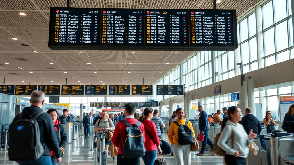 Bustling airport terminal interior with travelers at check-in counters and departure boards displaying flight information, natural lighting