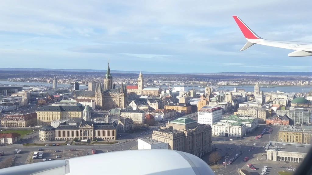 Scenic view of Quebec City skyline with historic Old Town architecture and modern cityscape, showing arrival perspective from airplane window