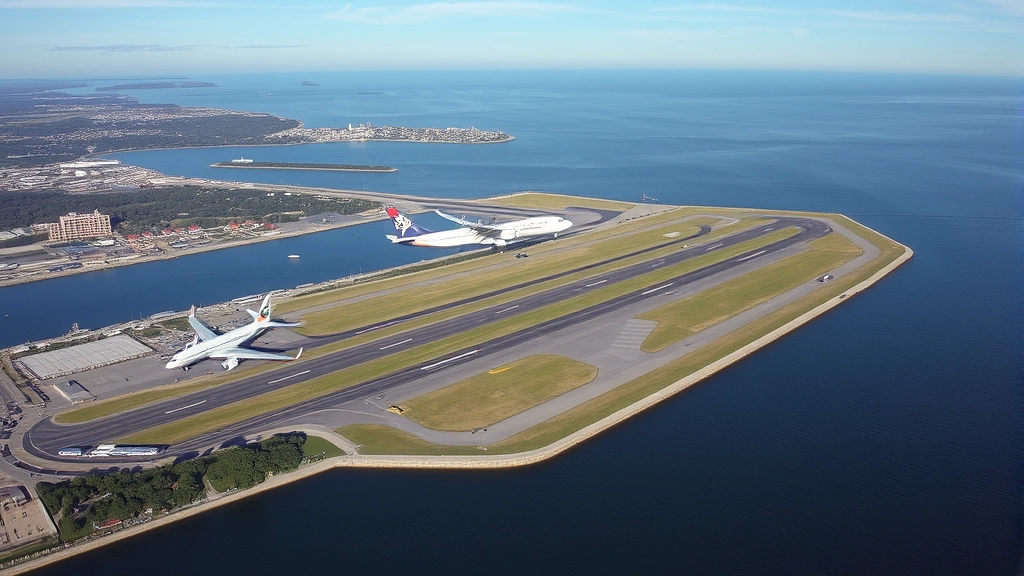 Aerial view of Providence waterfront and T.F. Green Airport with commercial aircraft landing on runway, New England coastline visible in background