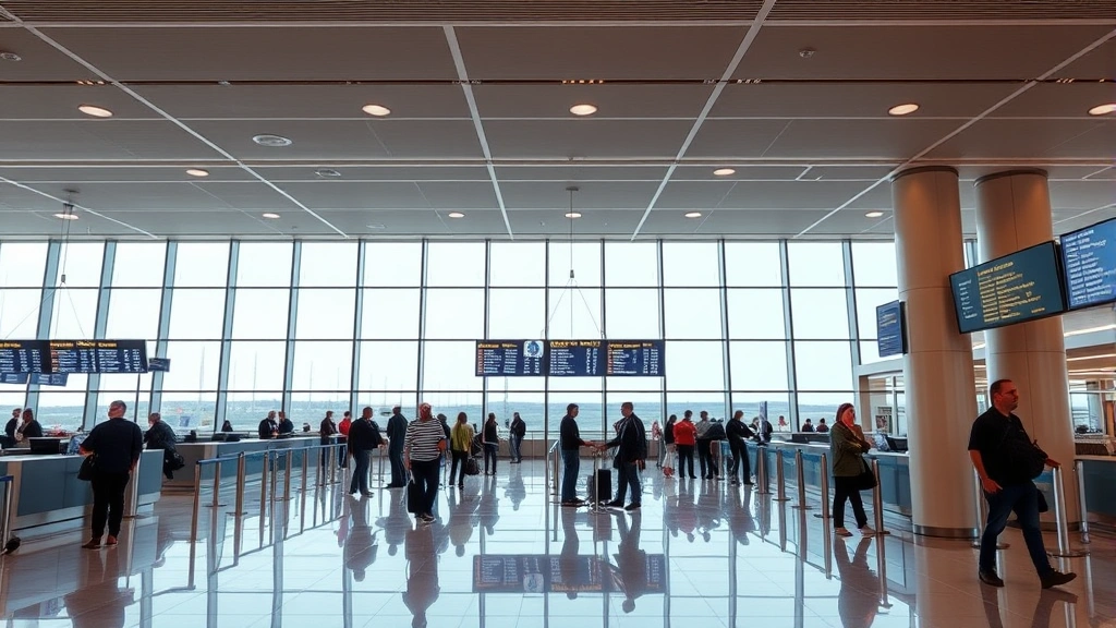 Modern airport terminal interior at Providence airport with travelers checking in at ticket counters, departure boards displaying flight information