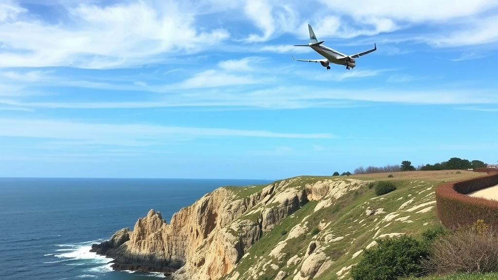 Scenic coastal view of Newport Rhode Island cliffs and Atlantic Ocean, with commercial airplane flying overhead approaching airport