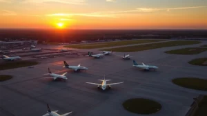 Aerial view of Rochester International Airport with commercial aircraft on tarmac during golden hour sunset, upstate New York landscape visible in background