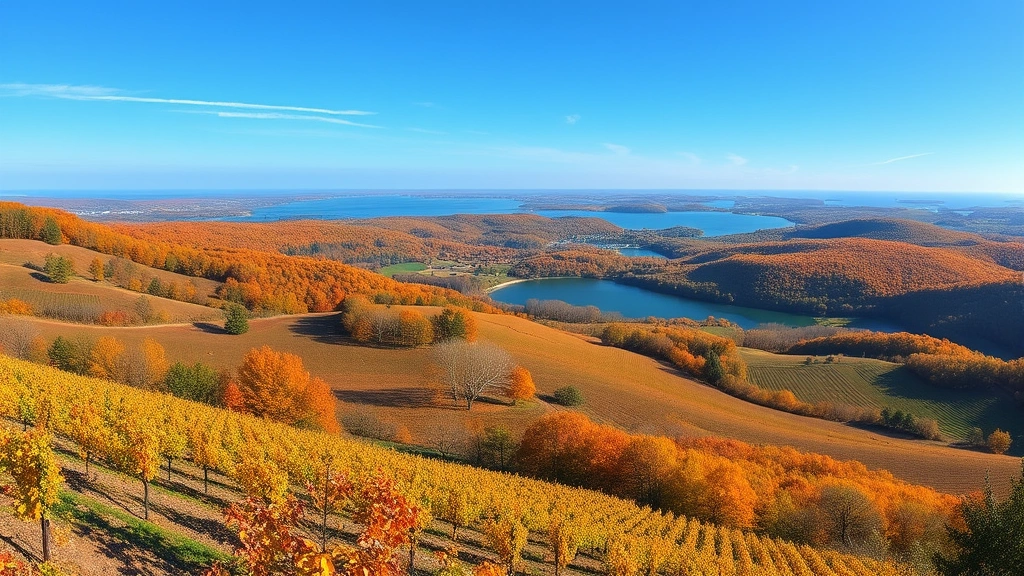 Panoramic shot of Finger Lakes wine region vineyards rolling hills during autumn with golden foliage, Rochester region countryside landscape