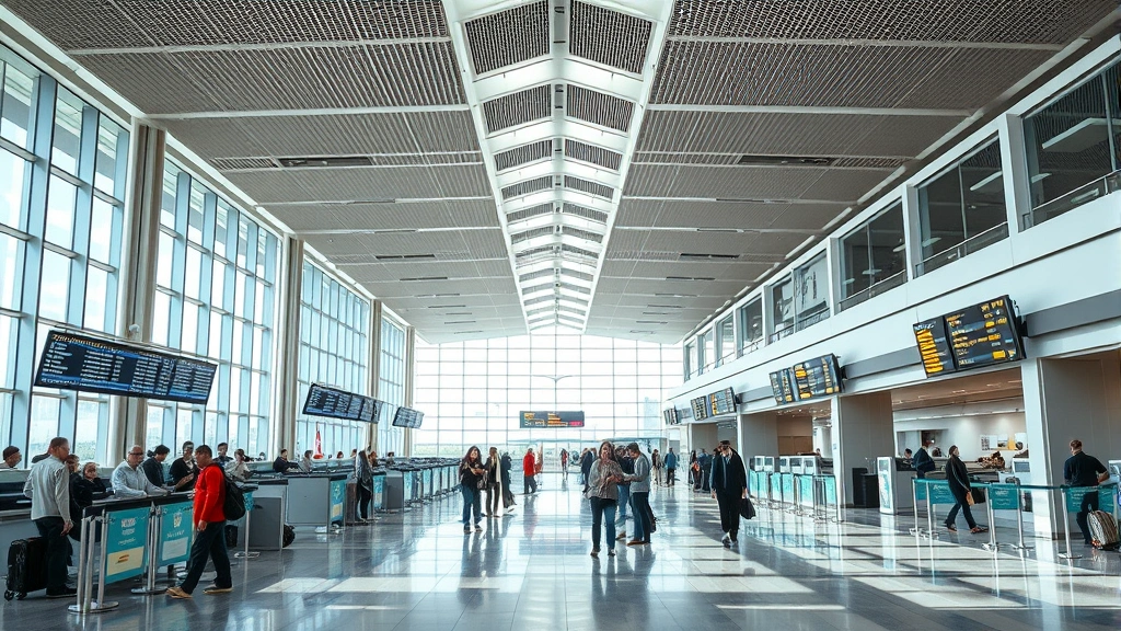Interior of modern airport terminal with travelers at check-in counters and departure boards, busy travel hub atmosphere with natural lighting