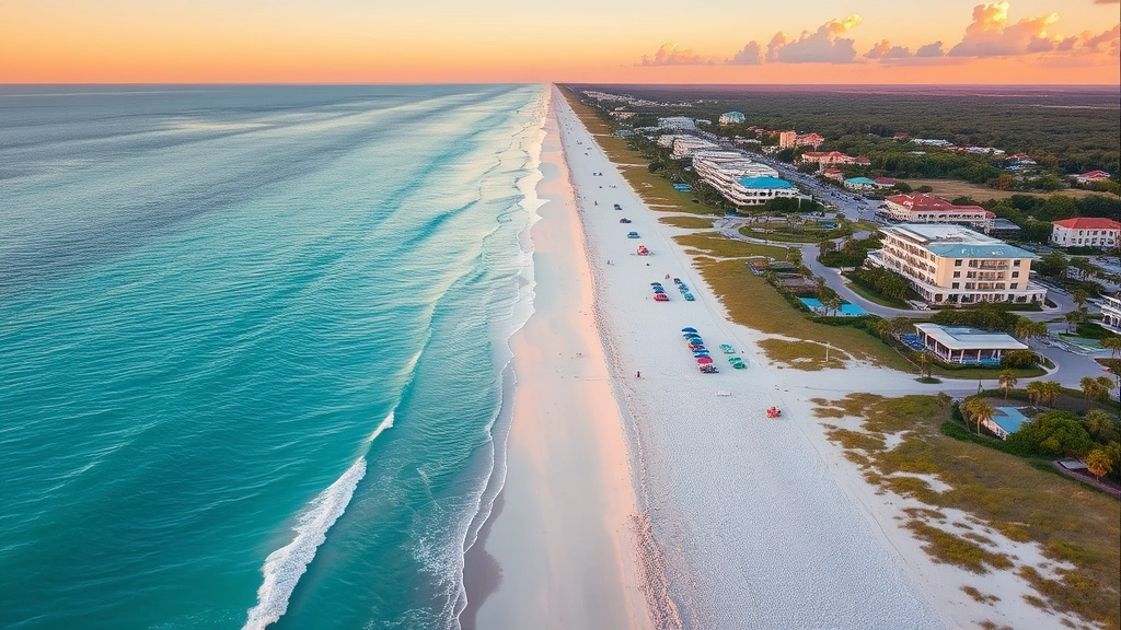 Aerial view of Rosemary Beach Florida showing pristine turquoise Gulf waters, white sand beach, colorful beach umbrellas, and coastal architecture from above during golden hour sunset
