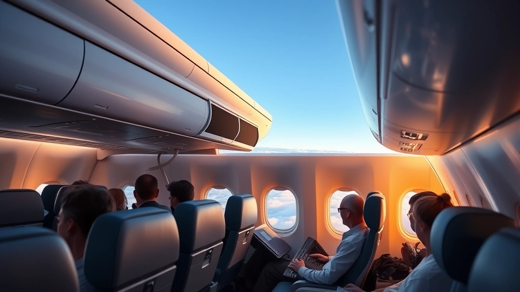 Inside a modern aircraft cabin with passengers relaxing in comfortable seats, overhead bins open, warm cabin lighting, and a window showing clouds and blue sky during flight