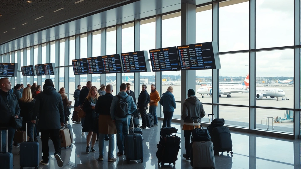 Busy airport terminal interior with travelers checking flight information displays, rolling luggage, departure boards showing flight numbers, glass windows overlooking tarmac with planes