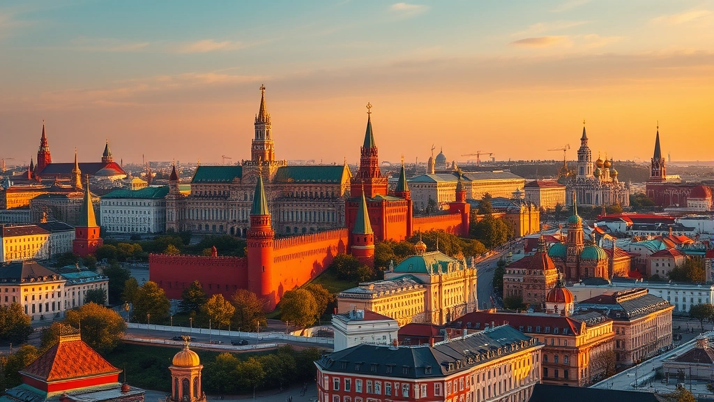 Aerial view of Moscow cityscape with Kremlin and colorful historic buildings at golden hour, photorealistic professional photography