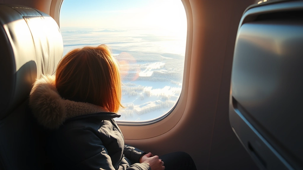 Passenger sitting in airplane window seat viewing snowy Russian landscape below during flight, natural lighting authentic travel scene