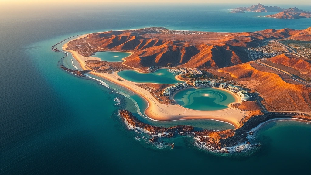 Aerial view of Sal Island Cape Verde with turquoise waters and sandy beaches, showing coastal landscape and resort areas during golden hour sunset