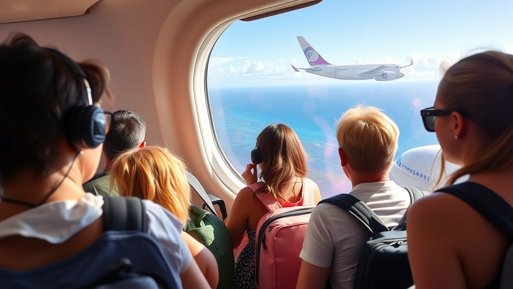 Travelers boarding an international aircraft with Atlantic Ocean visible through window, showing excitement of departure to tropical destination