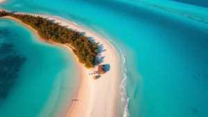 Aerial view of Samoa's turquoise lagoon and white sand beach with traditional fale structures along pristine shoreline, golden hour lighting, photorealistic