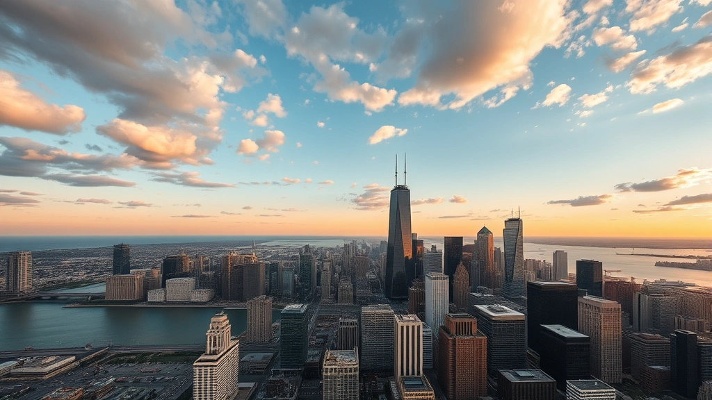 Aerial view of Chicago skyline with Lake Michigan at sunset, wide-angle perspective showing downtown skyscrapers and clouds, professional travel photography style