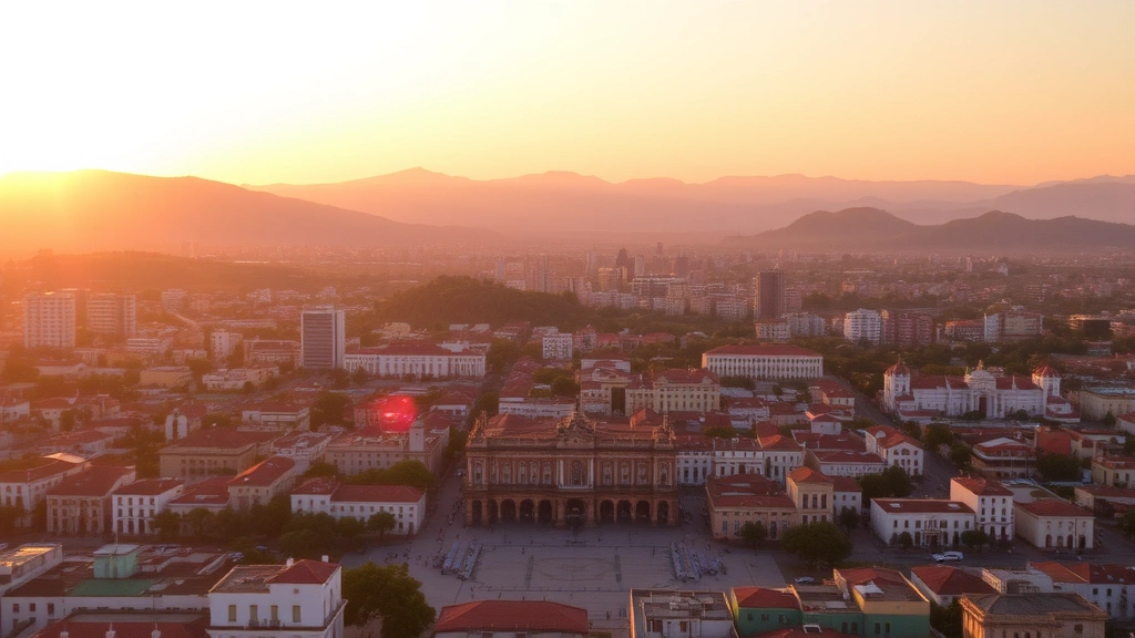 Aerial view of San Luis Potosí city skyline at sunset with colonial architecture and plaza visible, mountains in background, golden hour lighting