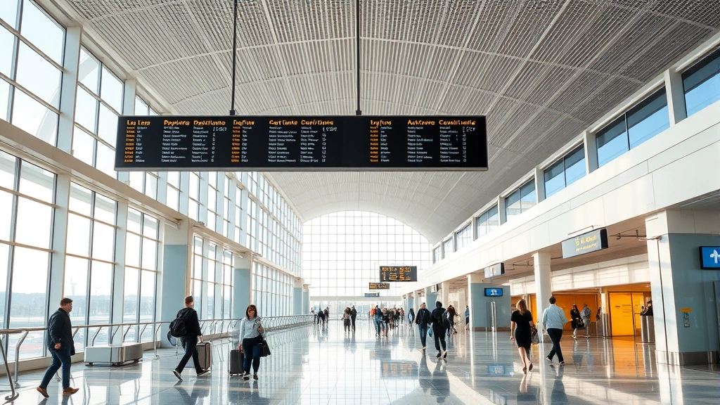 Modern airport terminal interior with departure boards and travelers walking, bright natural lighting, clean contemporary design