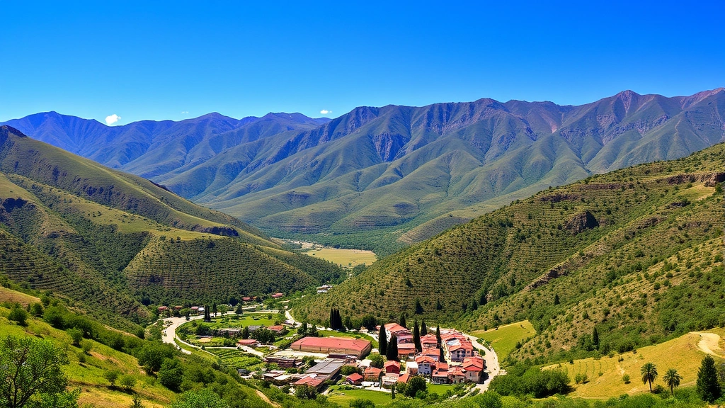 Scenic mountain landscape near San Luis Potosí with green valleys, traditional Mexican architecture village nestled below, clear blue sky