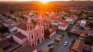 Aerial view of San Miguel de Allende's colonial architecture, pink church, cobblestone streets, and surrounding Mexican landscape at golden hour sunset
